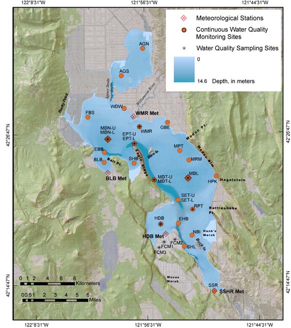 Map of Upper Klamath Lake, showing water quality and meteorological sites